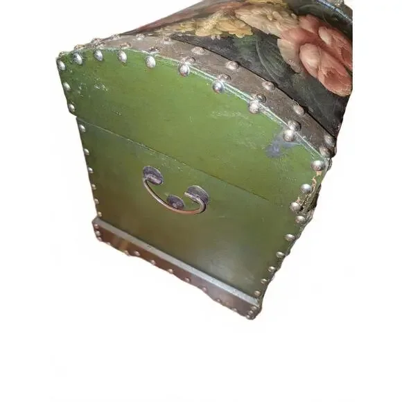 Vintage Hand-Painted Floral Wooden Chest with Metal Studs
